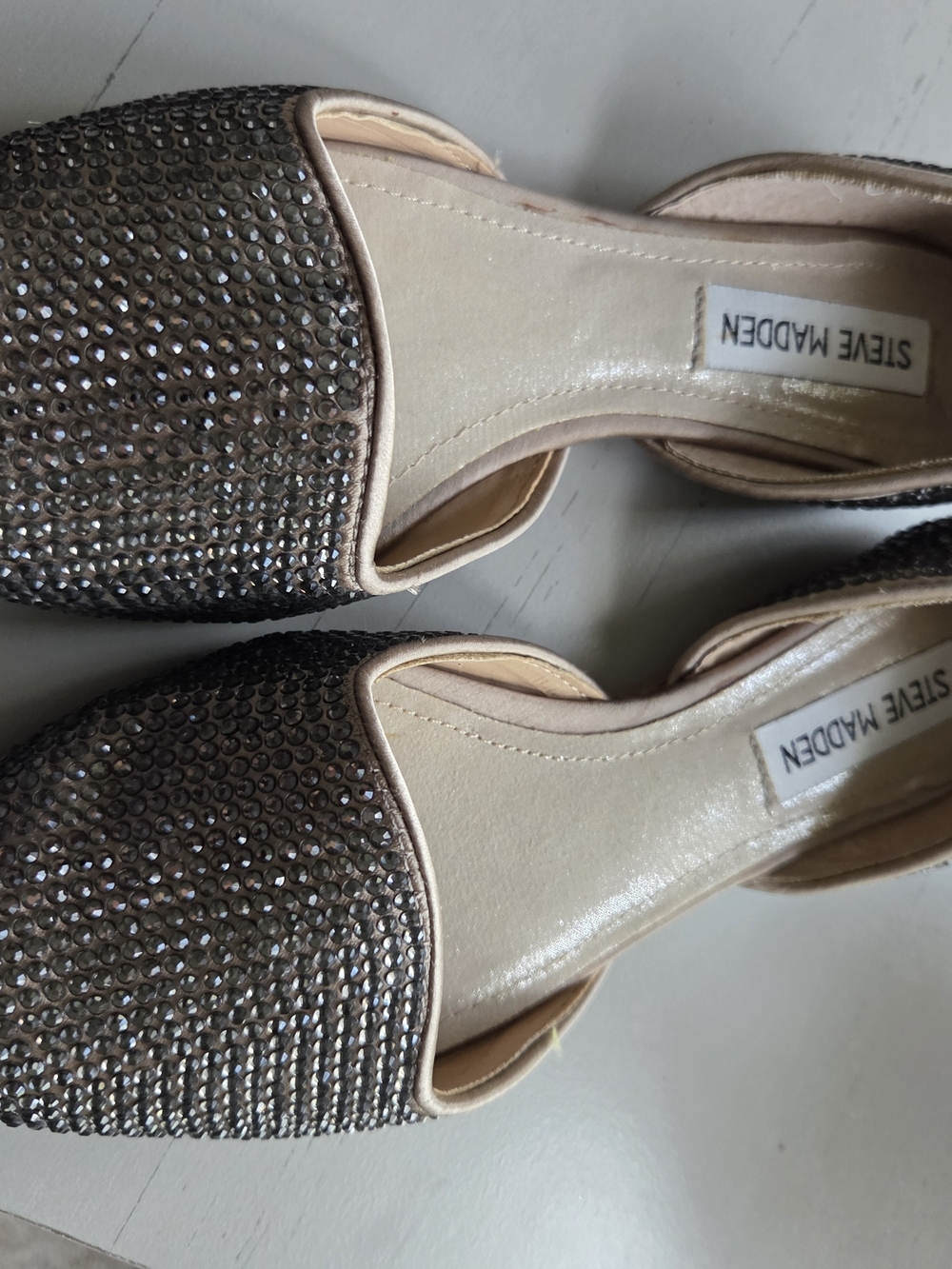 Steve Madden Crystal-Embellished Taupe Slip-Ons